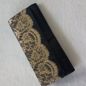 Black Satin and Gold Metallic Floral Lace Cocktail Clutch Handbag